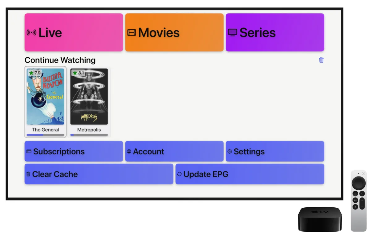 IPTV player interface on Apple TV